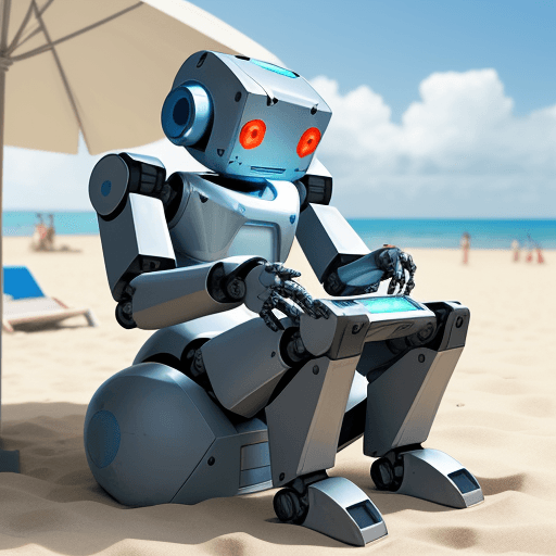 AI generated: Lazy robot playing a game earning robot on the beach