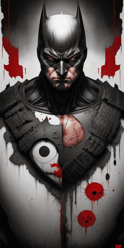 AI generated: Large white border all round. Overlay Japanese type. A poster with of batman extremely detailed eyes...
