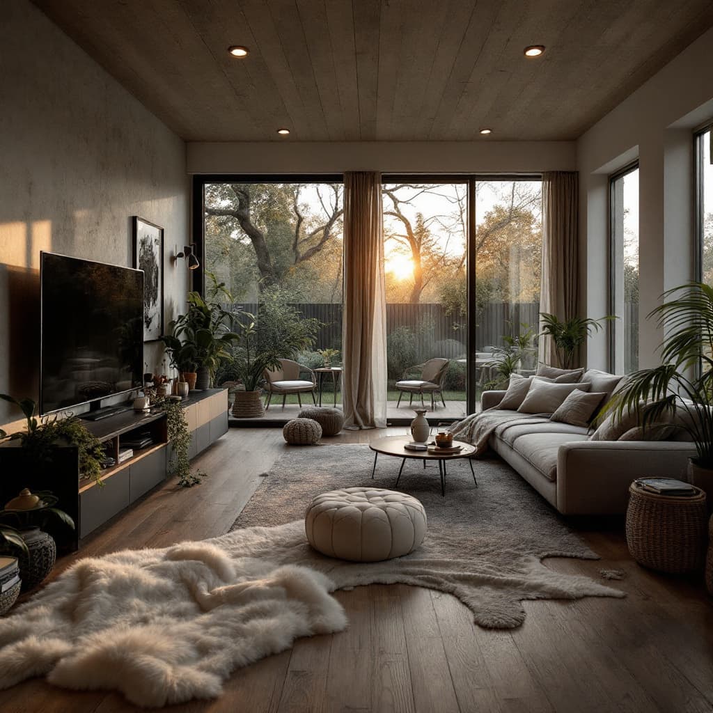 AI generated: High resolution photography interior design, dreamy sunken living room conversation pit, wooden floo...