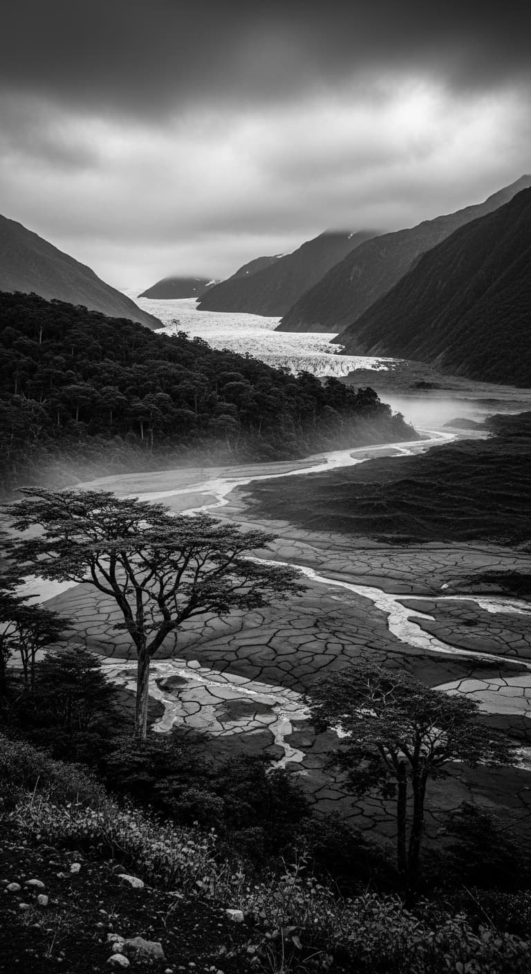 AI generated: Black and white photograph of a dramatic, untouched natural landscape in the style of Sebastião Salg...