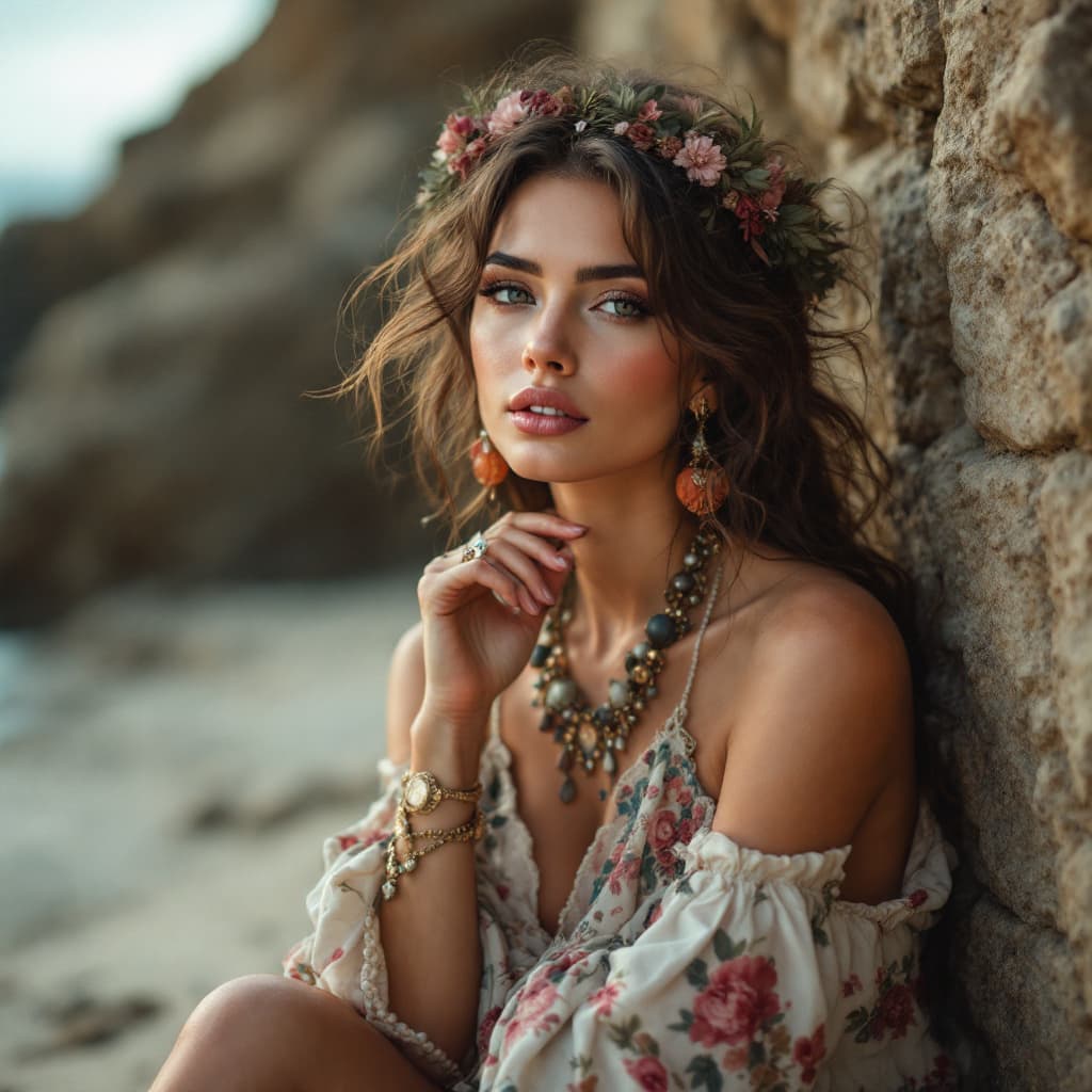 AI generated: Beautiful fashion bohemian woman, Rebeca Saray style

