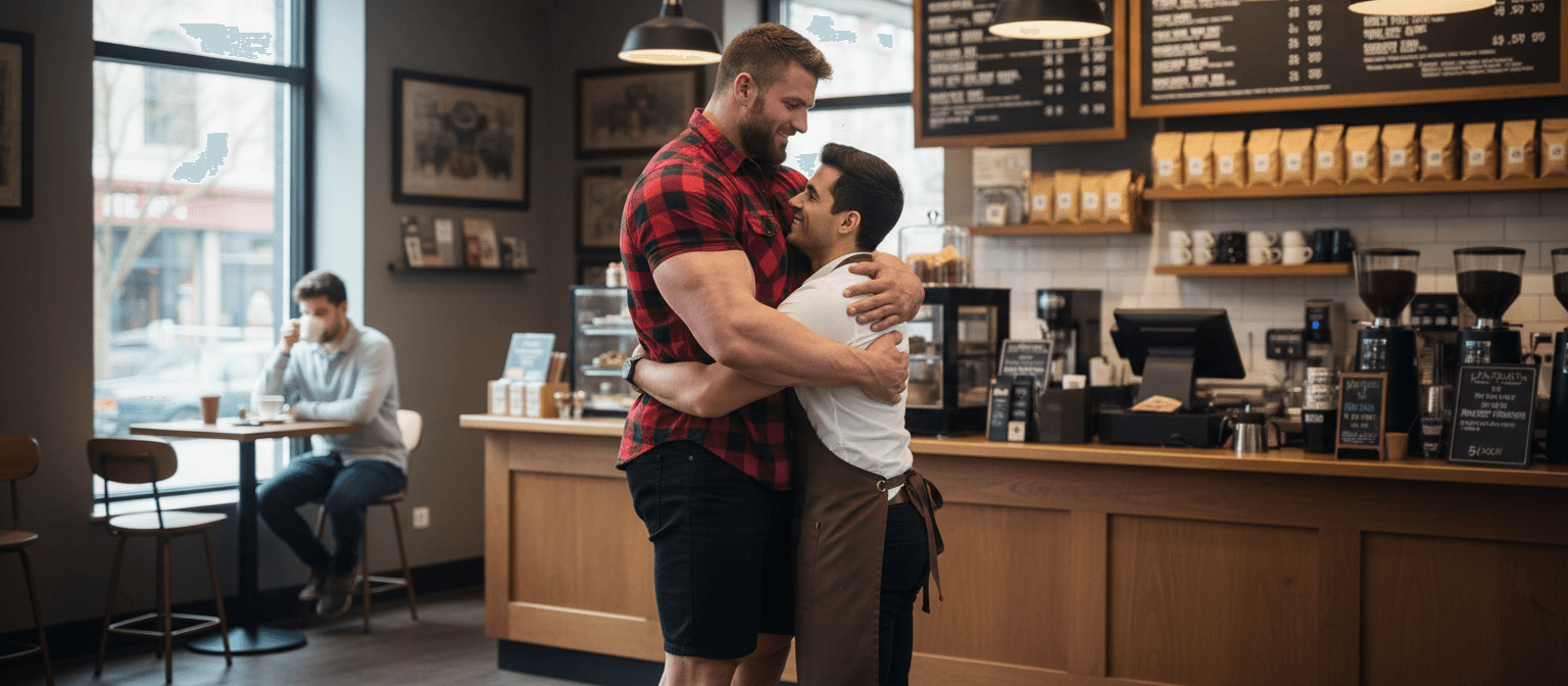 AI generated:  At a coffee shop with 1 customer in the background. There's a bodybuilder 6'4" tall, he has muscula...