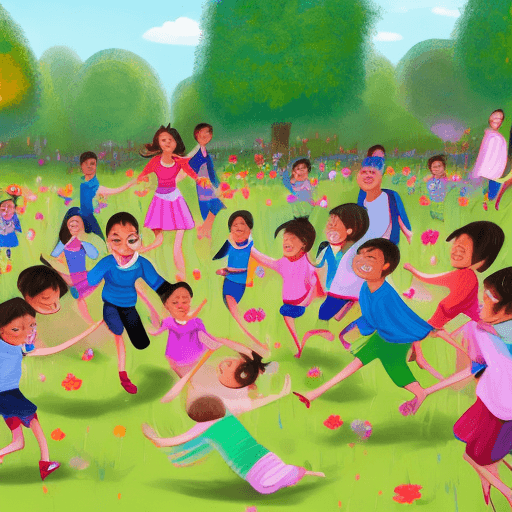 AI generated: A hundred children are joyfully circling around Pavel Durov in a vibrant, lively scene. The backgrou...