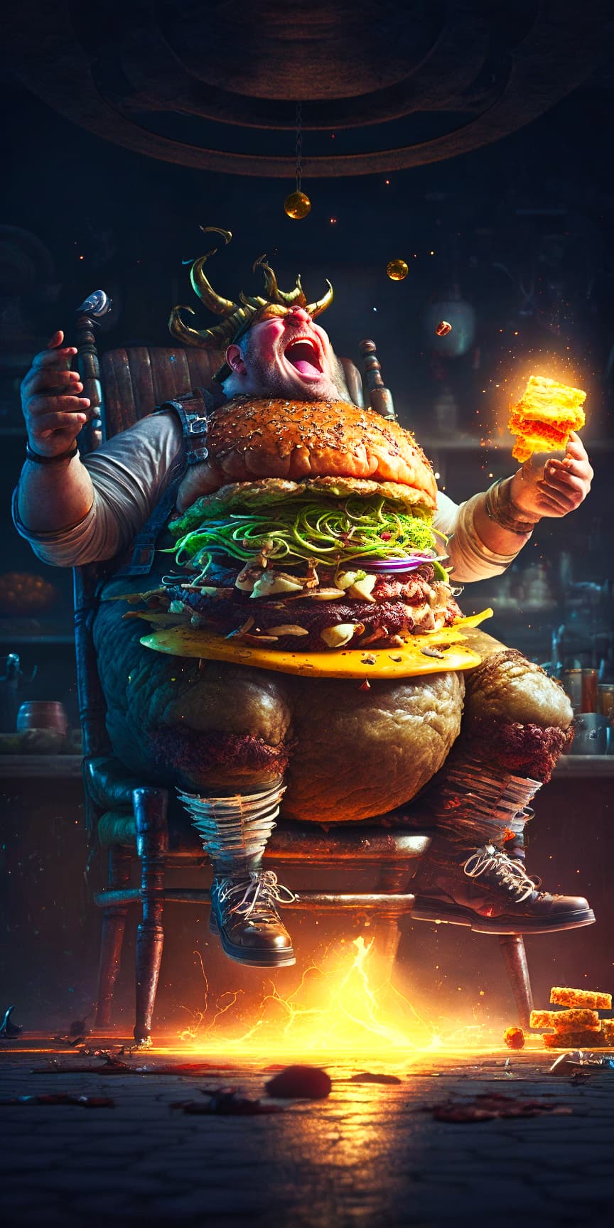 AI generated: dwarf is sitting on giant cheeseburger, onion rings and lettuce are spinning around, melted cheese i...