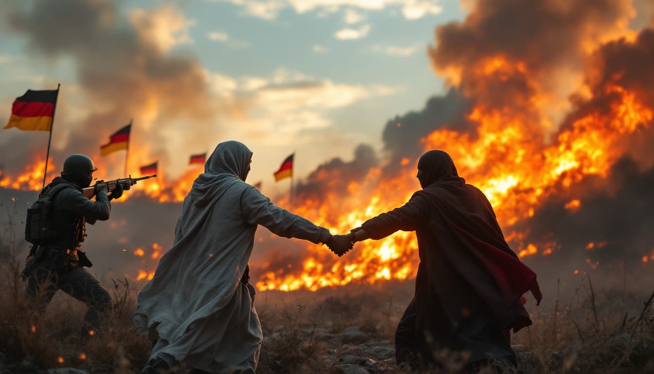 AI generated: Modern scene of Christians and Muslims fighting together and hand in hand against evil terrorists, G...