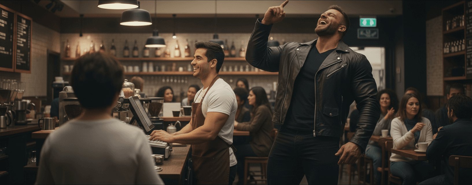 AI generated: Male Hispanic barista 5'2" tall, at a coffee shop behind the counter typing on the computer-register...