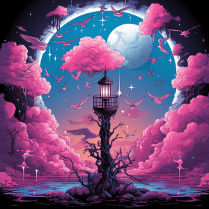 AI generated: Surreal vector, dream, clouds, birds, stars, purple and pink, artist Patrick Woodroffe, neon lamp, b...