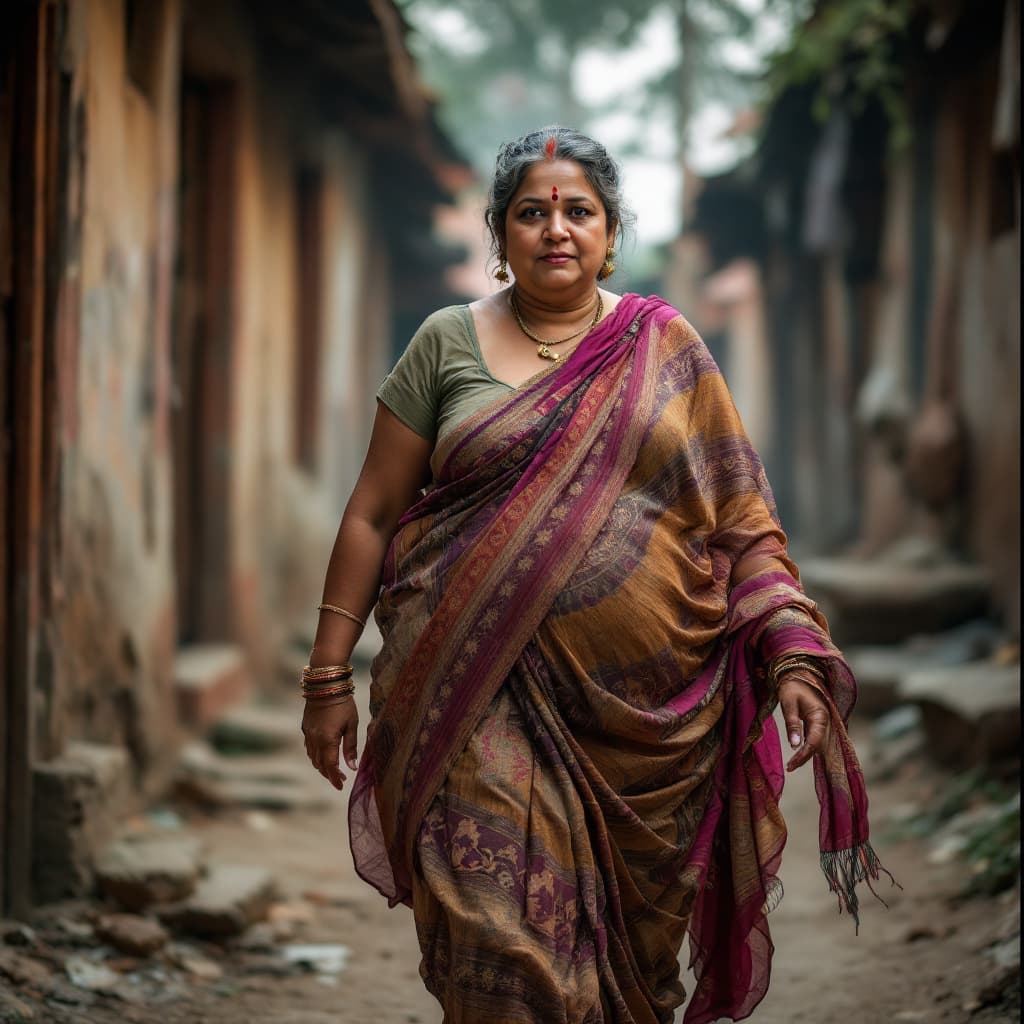 AI generated: Pakistani villager chubby mature woman, huge chest, deep cleavage, walking 