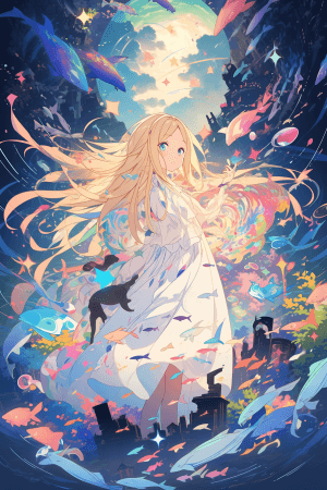 AI generated: A magical anime overflowing with joy and wonder, with flowing hair, an overall view shot, in the sty...