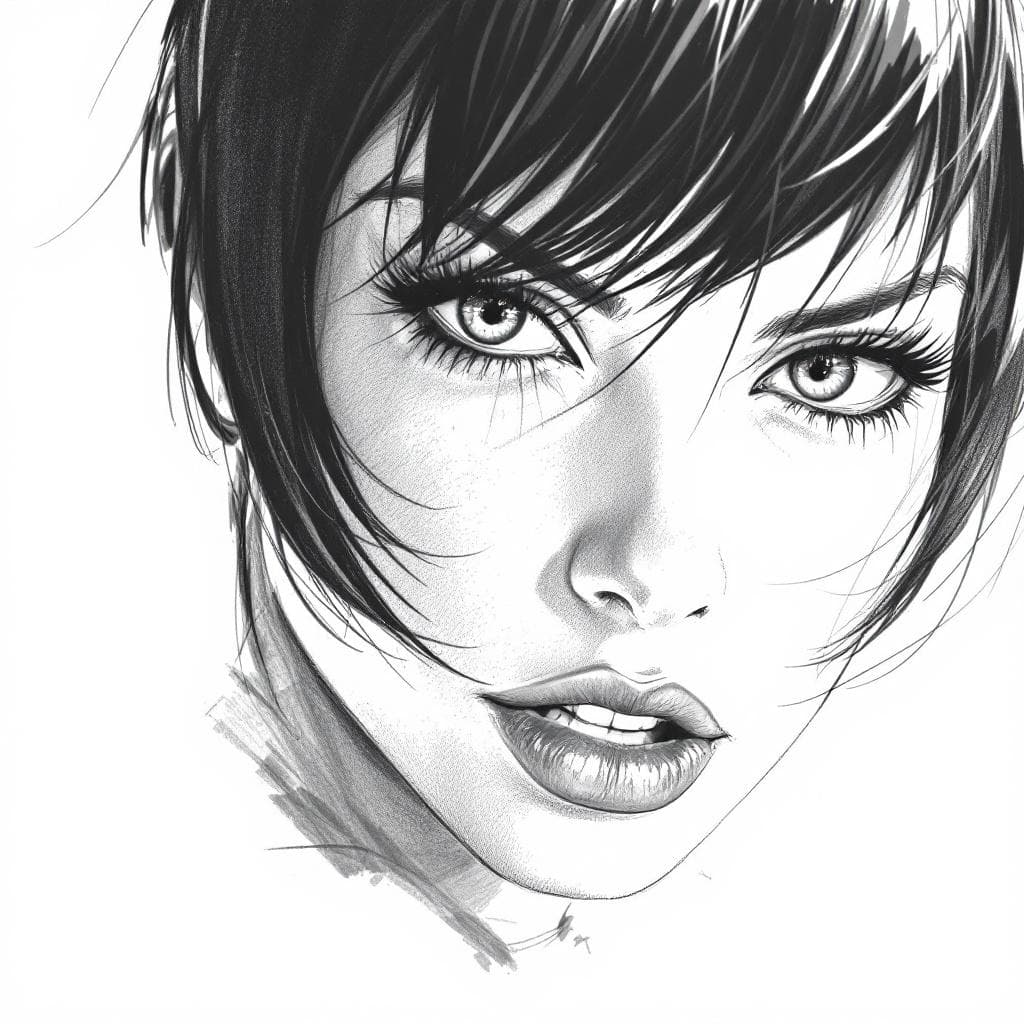 AI generated: A captivating close-up of a woman with piercing, almond-shaped eyes and bold. asymmetrical bangs fra...