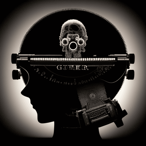 AI generated: a typewriter mixed with a gun shooting a writer's head in a black background with a poor light