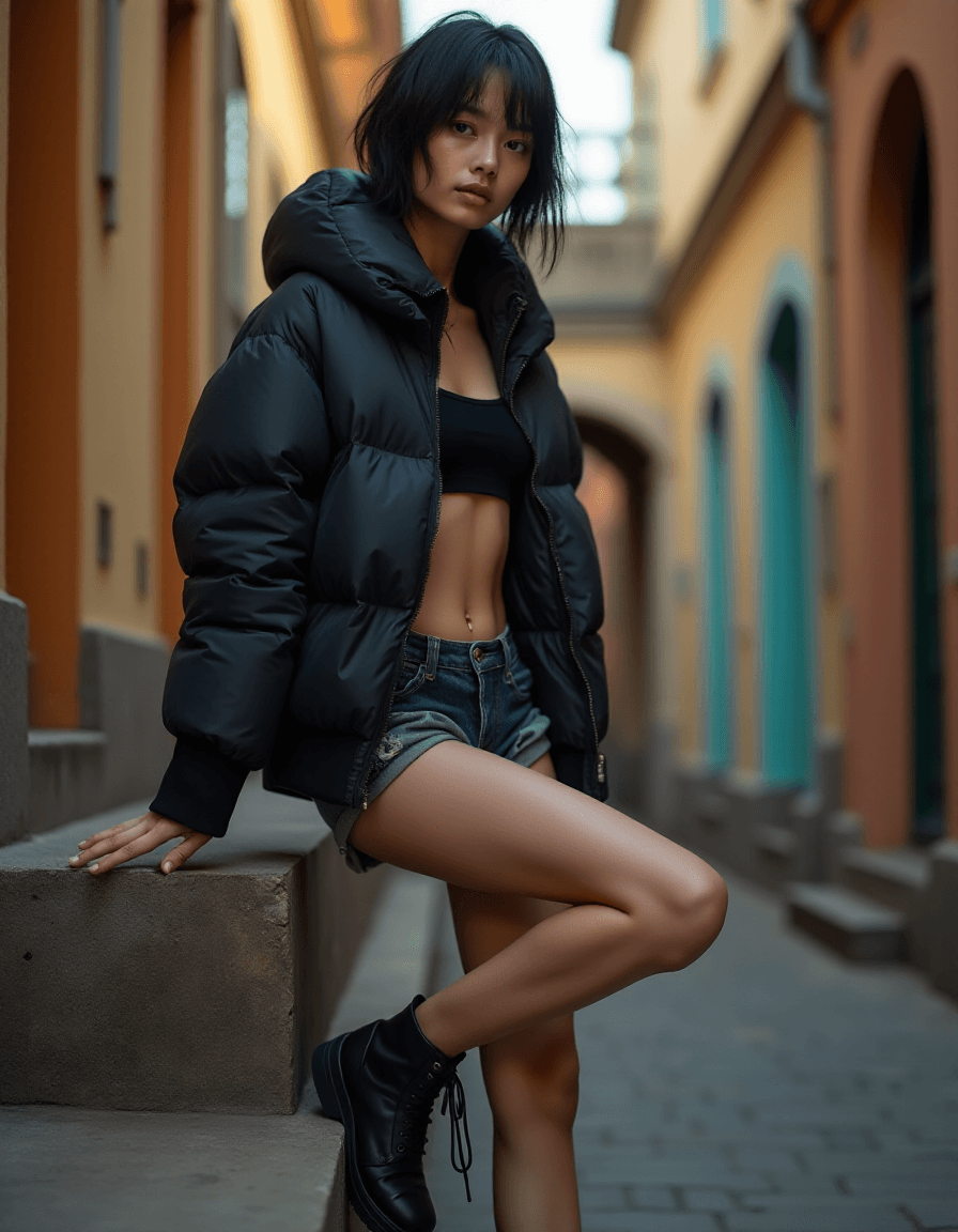 AI generated: High fashion half body photo of a 24 year old asian female tomboy, skin is Dry skin with fine lines ...