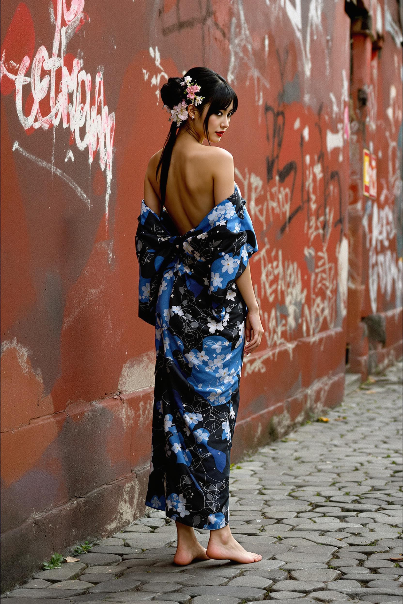 AI generated: Full body view An alluring Asian woman in a very short blue and black kimono, partially slipping off...