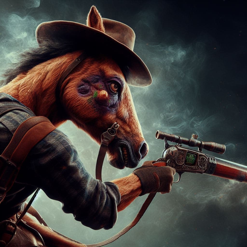 AI generated: Anthropomorphic horse bandit fighting bruises on his face with an old west rifle. in dynamics, highl...