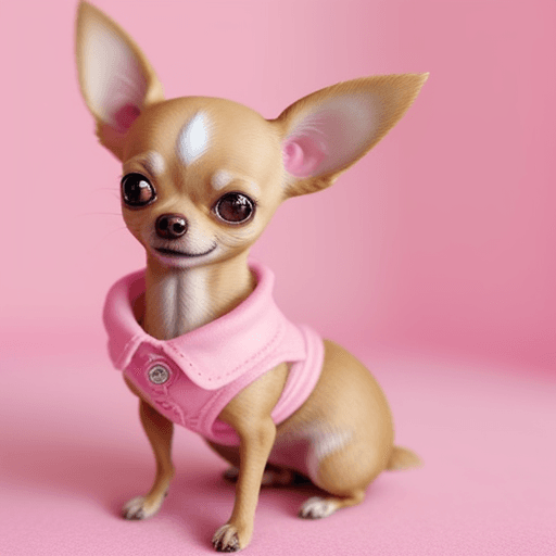 AI generated: Create a cinematographic realistic female Chihuahua dog with pink clothes in a very cutesy environme...