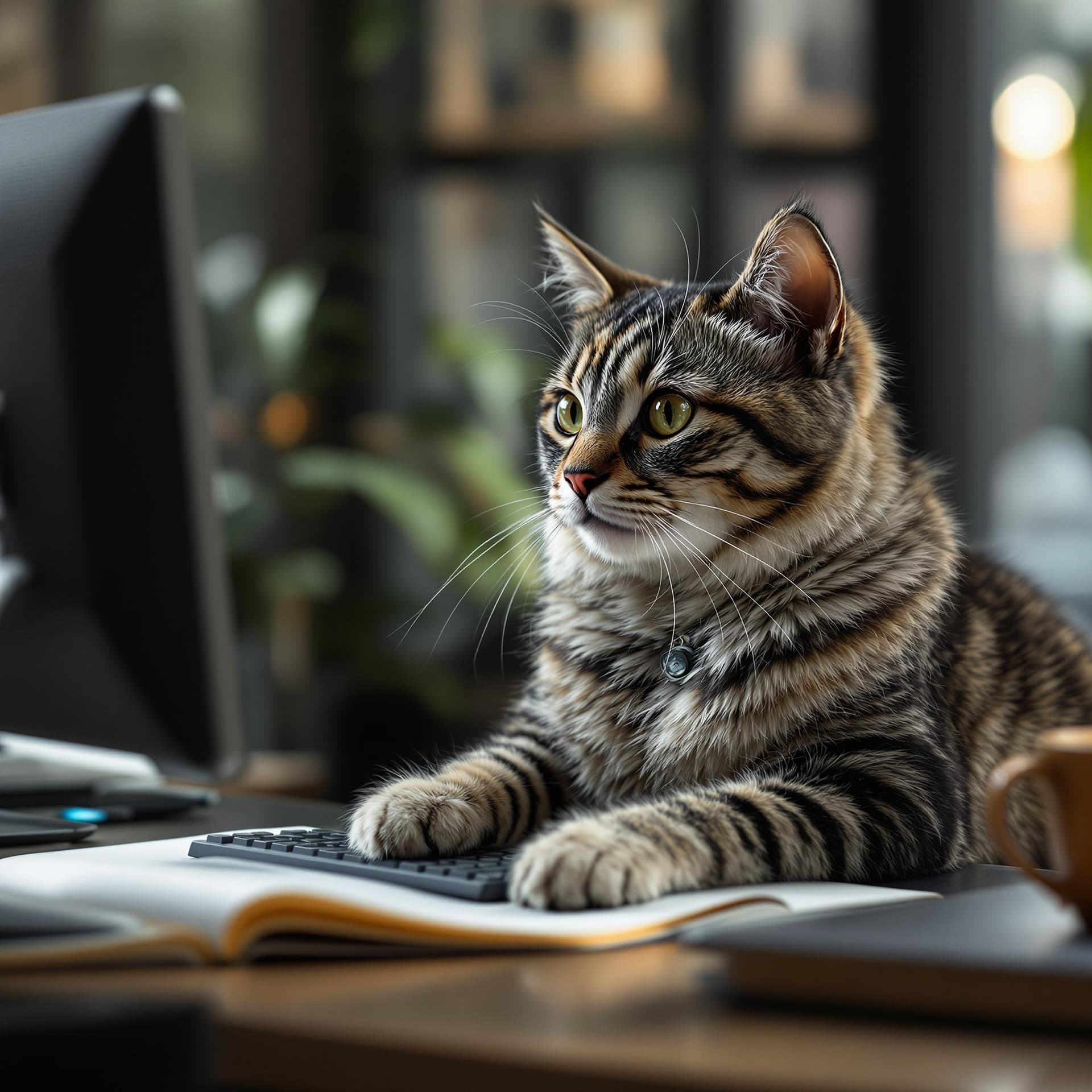 AI generated: cat is working at the office, acting like human, photorealistic, high details, masterpeace, 4k --v 5...