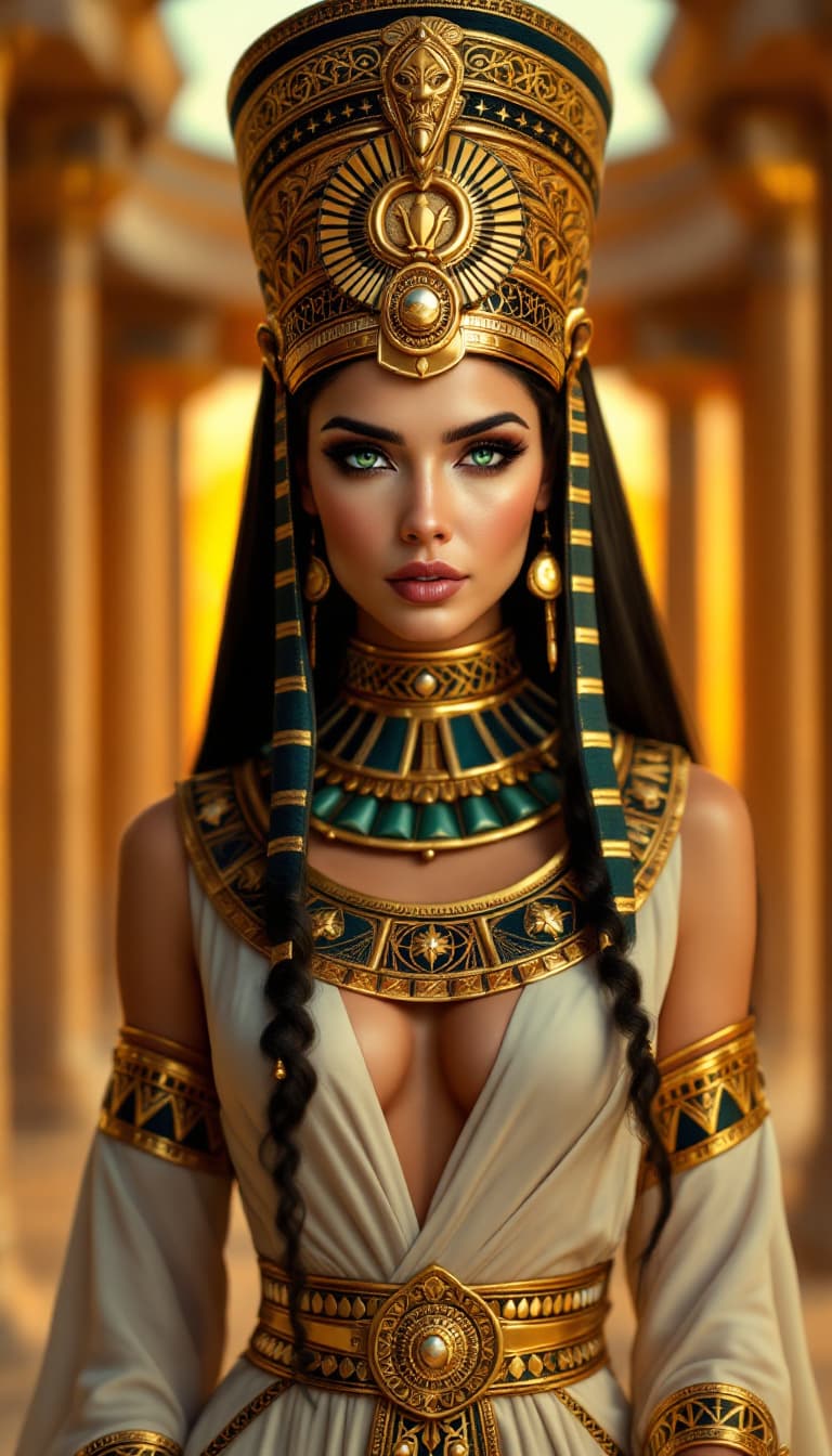 AI generated: "Image is a highly stylised and detailed portrait of Cleopatra dressed in ancient Egyptian inspired ...