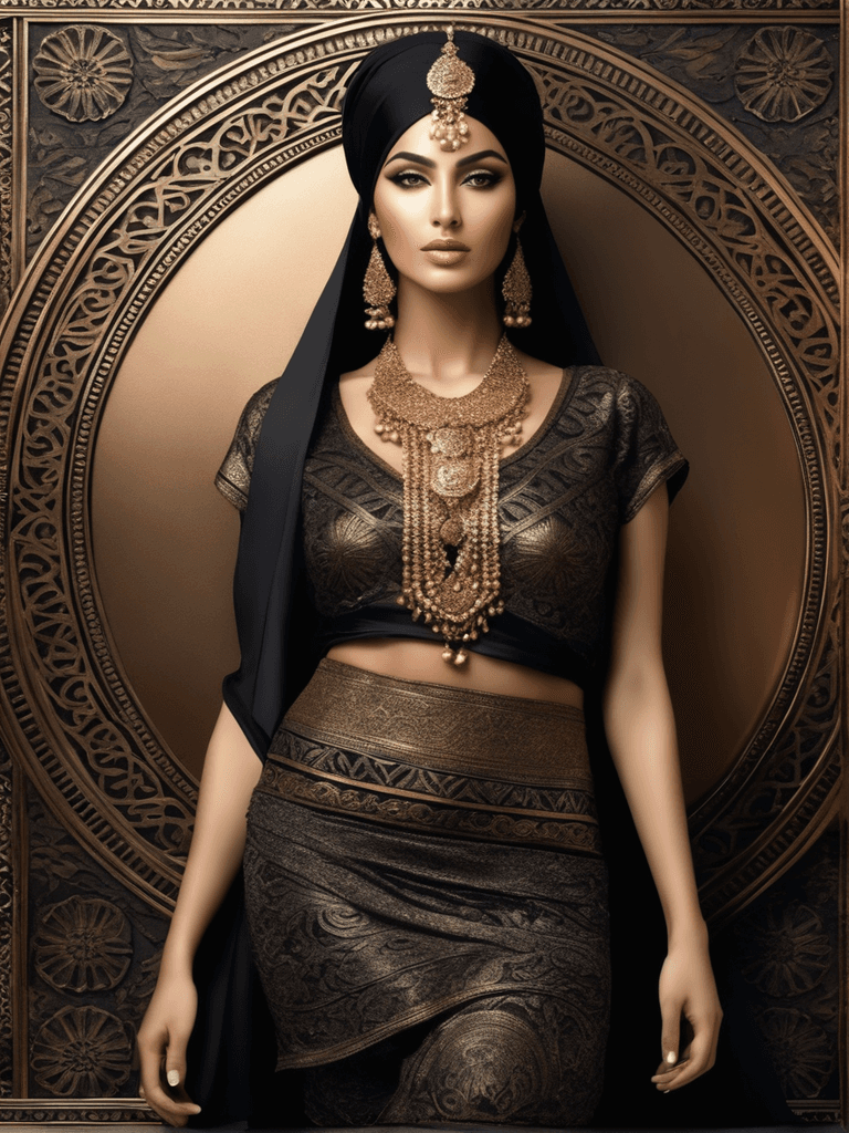 AI generated: a centered Persia fashion model, white, black, intricate background, award-winning photo, hyper-real...