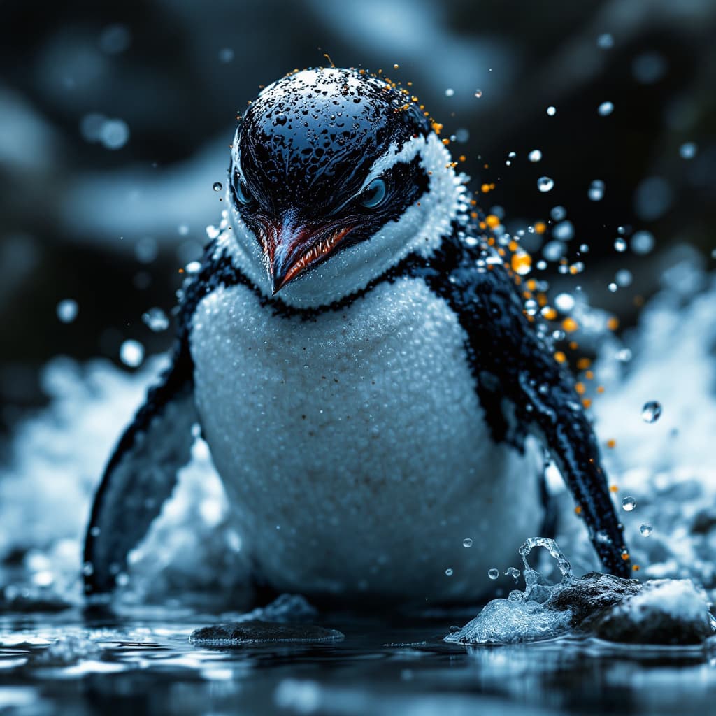 AI generated: a gentoo penguin taken as host by Venom the symbiote, realistic, hd texture, escaping from a predato...