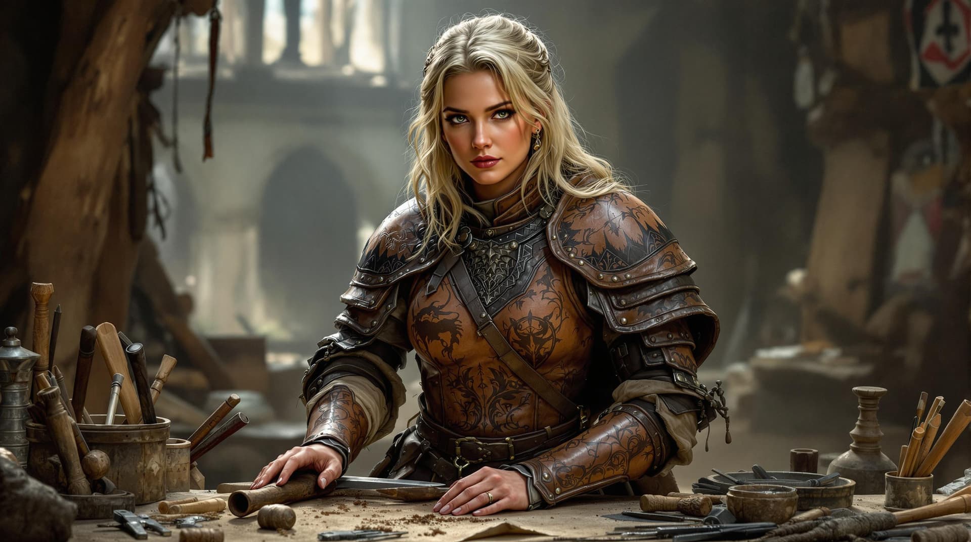 AI generated: female human, stamped leather armor with leather working tools, strong, blonde, 25 years old, dnd, m...