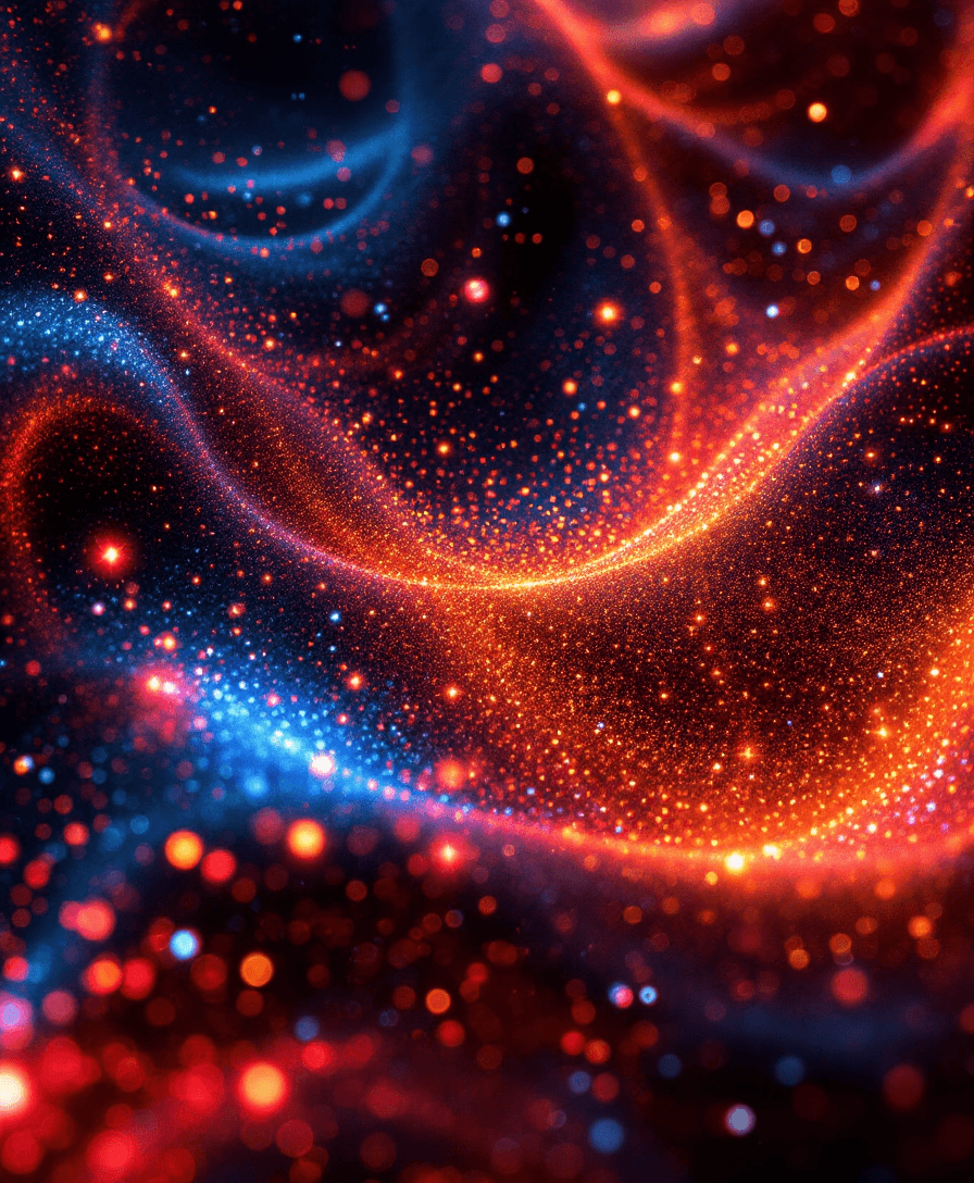 AI generated: Abstract glittering texture with red, blue, and orange sparks. Fantasy fractal design. Digital art. ...