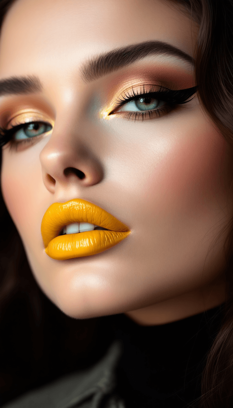 AI generated: Drawing inspiration from past eras, often featuring winged eyeliner, yellow  lips, and soft, romanti...