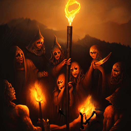 AI generated: a ritual of demons and witches with torches, on a bare mountain, dark sky, moonlight, fire, gerard b...