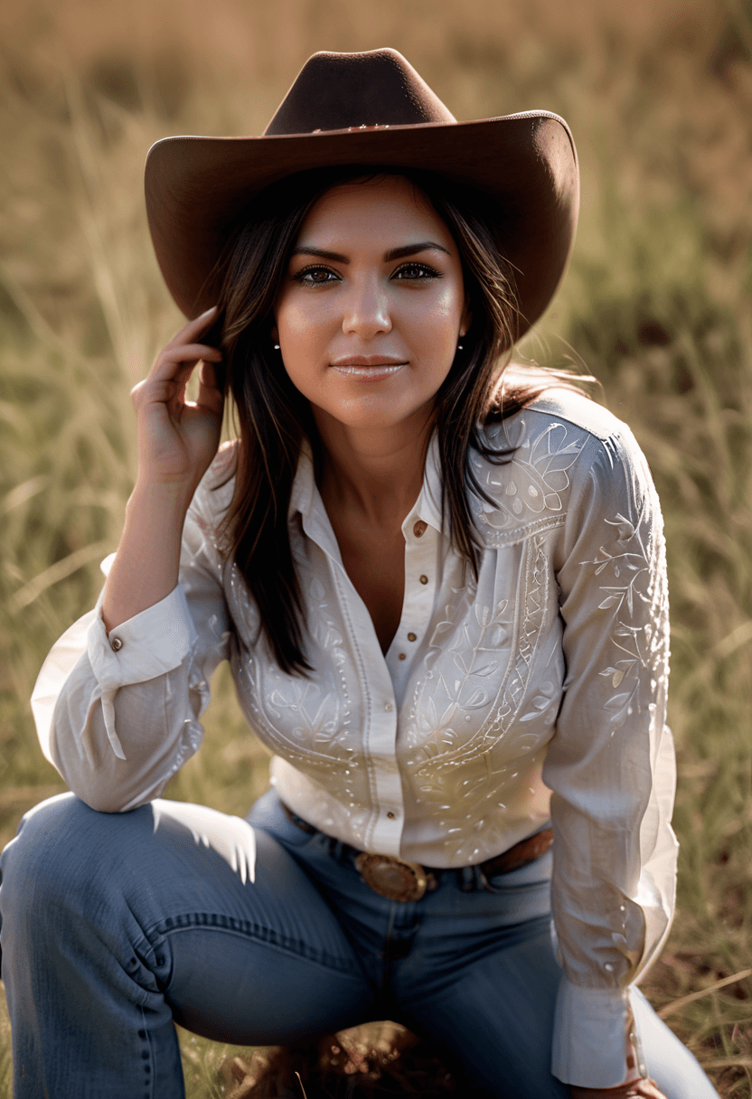 AI generated: photograph of a happy beautiful woman in a cowboy hat looking thoughtful at the viewer, high angle, ...