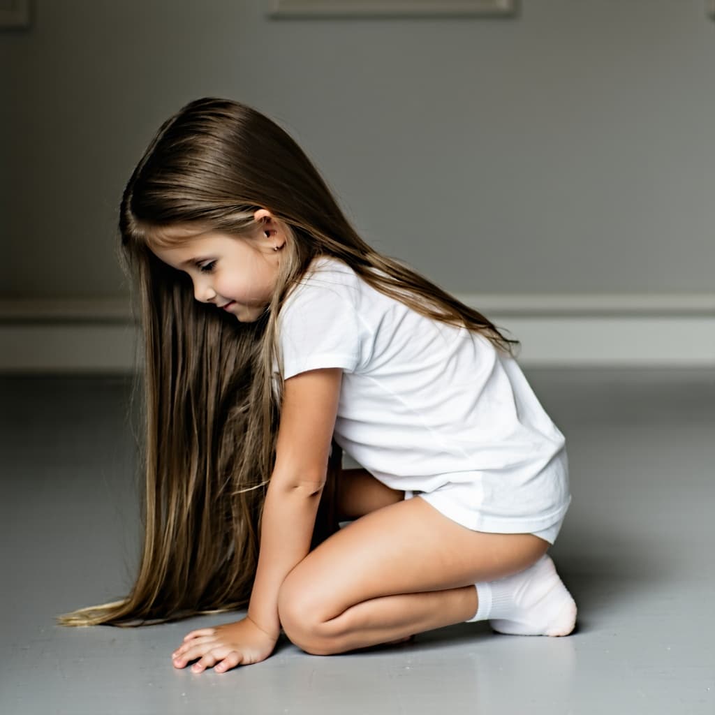AI generated: a child girl with long hair in white socks on her feet,  loose t'shirt, on her hands and knees in a ...