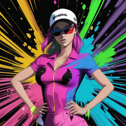 AI generated: a super model power pose , LPGA golfer. bold neon colors, as she sees the world while experiencing h...