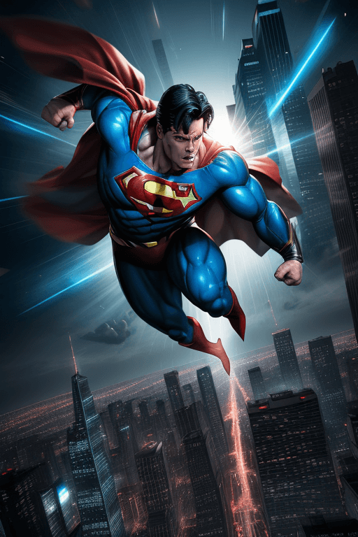 AI generated: Superman is seen flying through a city skyline, fighting against an alien invasion with intense acti...