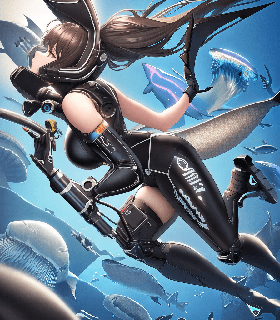 AI generated: (perfect anime illustration), 1girl, solo, (ponytail), brown hair, (huge breasts:1.2), black scuba d...