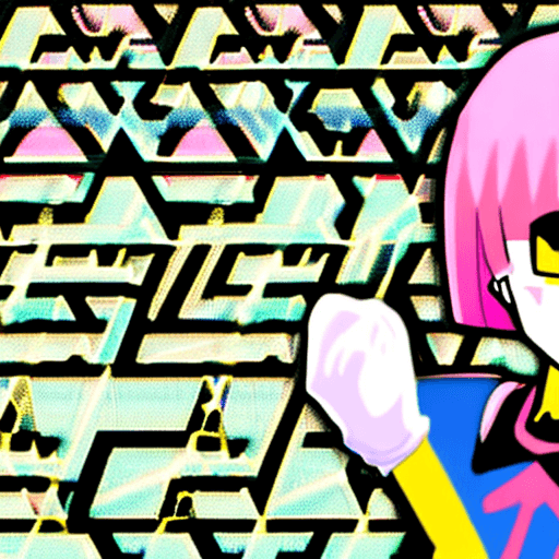 AI generated: solo, ashido mina, pink skin, yellow eyes, black sclera, horns, pink hair, logo shirt, pleated skirt...