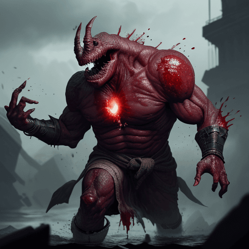 AI generated:  high quality foto of a bloody dangerous enormous without eyes, long fingers and broken bones, 8k