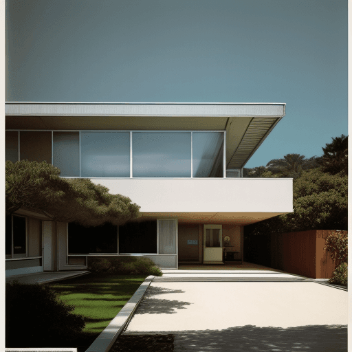 AI generated: Hyper realistic eye level exterior photo of a mid century modern style house overlooking the ocean, ...