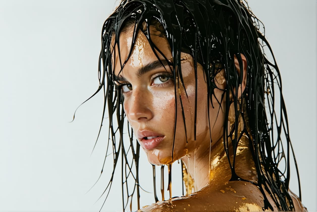 AI generated: fashion editorial, a portrait of a young beautiful darkhaired woman in liquid gold, wet hair and ske...