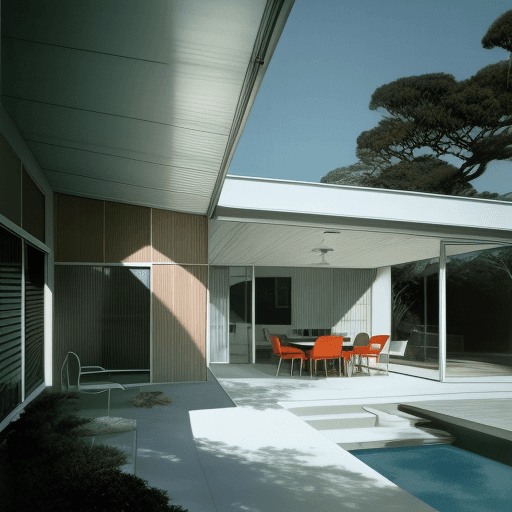 AI generated: Hyper realistic eye level exterior photo of a mid century modern style house overlooking the ocean, ...