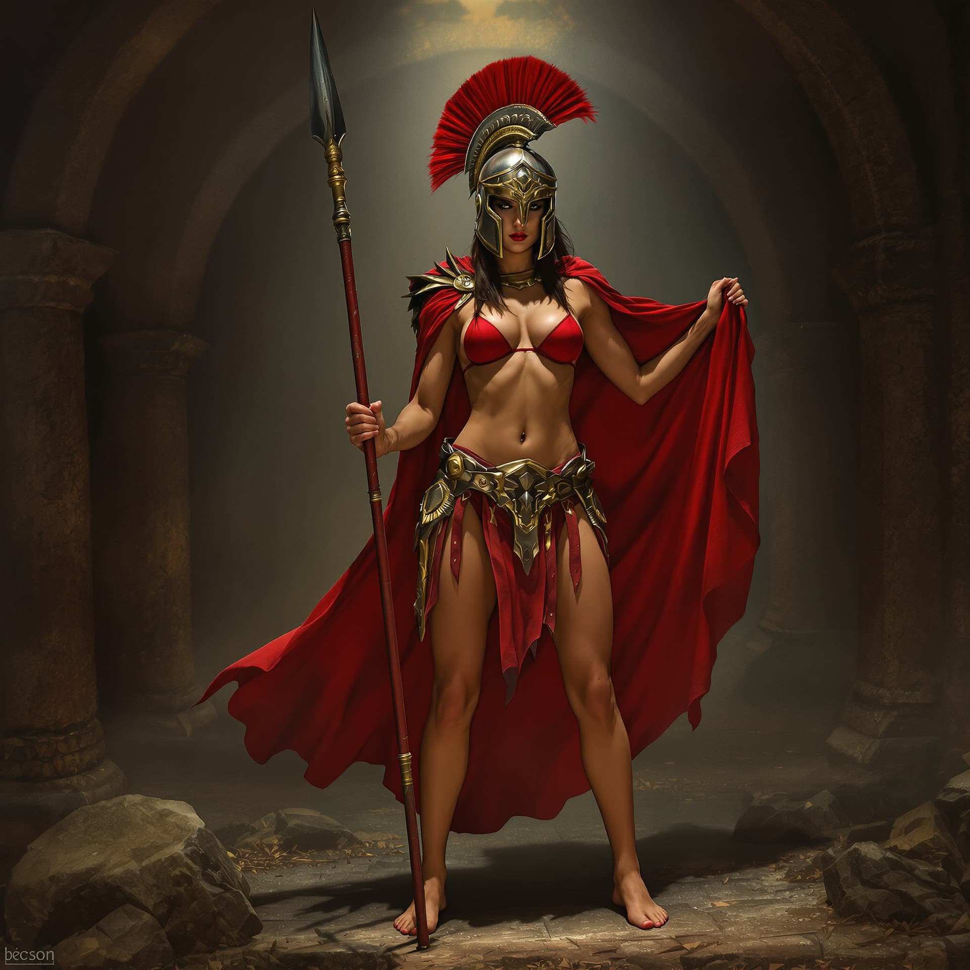 AI generated: full body view of a  female warrior spartan like film 300, spear helmet with plume, long red cape, b...