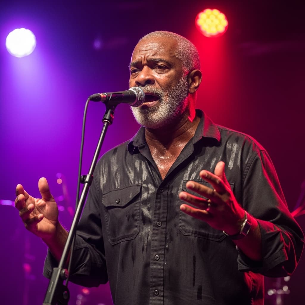 AI generated: an older soulful male blues singer performing passionately on stage, wearing a dark, sweat-stained s...