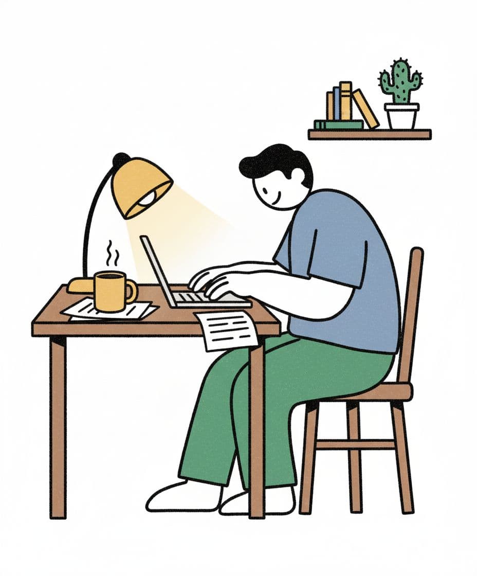 AI generated: image of a single freelancer working hard at his desk. Vector, rough line and flat. must not be crop...