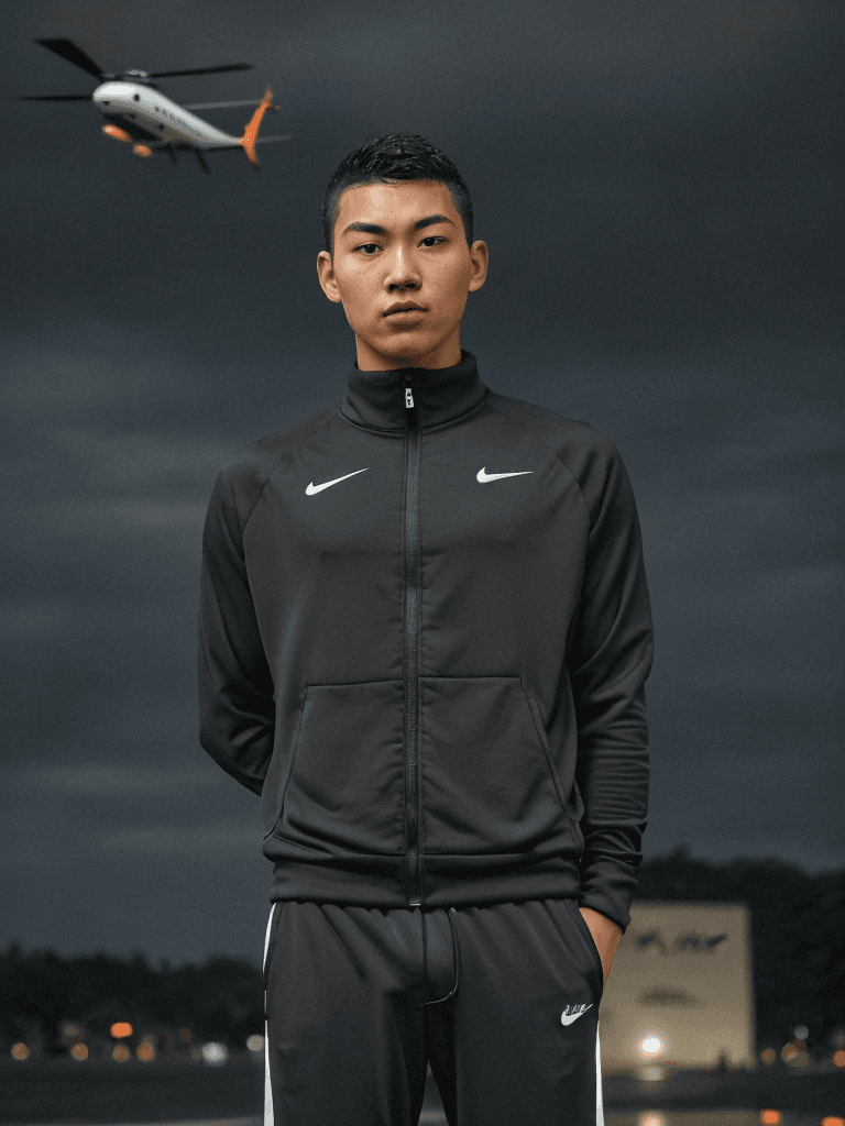 AI generated: young man moai head using nike tracksuit, accurate symmetry of the sky, night time, rainy day, polic...