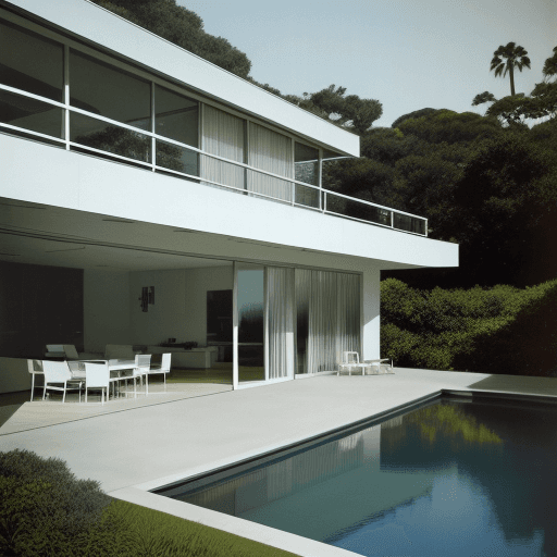 AI generated: Hyper realistic eye level exterior photo of a mid century modern style house overlooking the ocean, ...