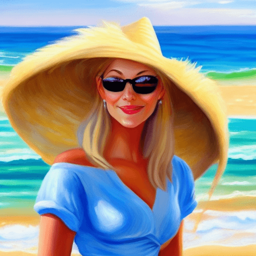 AI generated: Oil painting, Full body shot, beautiful blonde woman at beach, with nice hat, magic background, sun ...