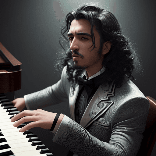AI generated: Hombre de tez clara con traje, cantante con apariencia similar a un cantante de jaz, pelo liso negro...