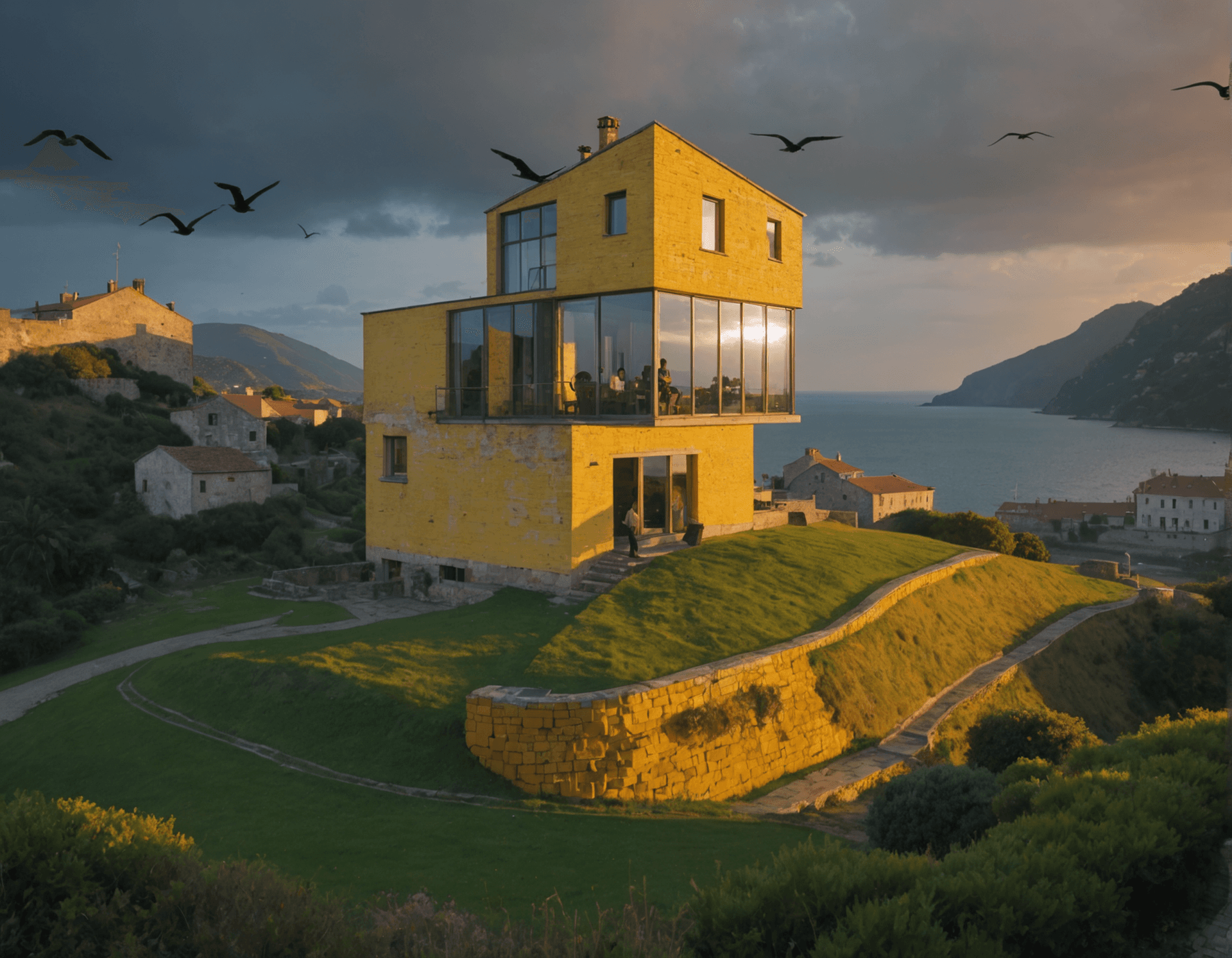 AI generated: Hyper realistic exterior photo of a (((yellow bricks))) house on a cliff, over a green valley, Stati...