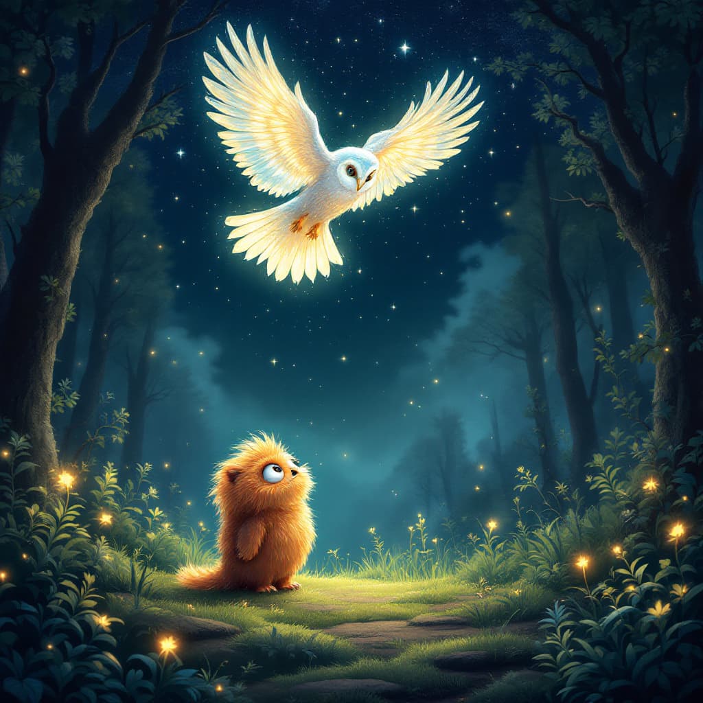 AI generated: A magical nighttime scene in an enchanted forest. A fluffy, orange monster named Furnando stands in ...