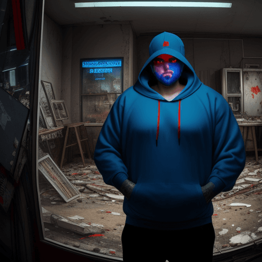 AI generated: refection in a broken store front appliance store of a man 6 foot with beer belly in a hoodie holdin...