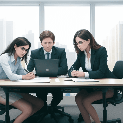 AI generated: hyper realistic, photographic image of 4 people sitting at a desk in an office with laptops, paper, ...