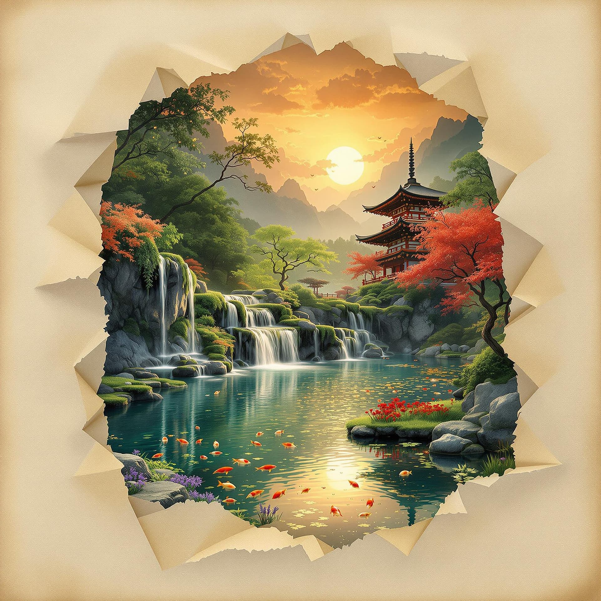 AI generated: hyperdetailed photorealistic holographic double exposure ancient parchment with Shinto temple pond o...