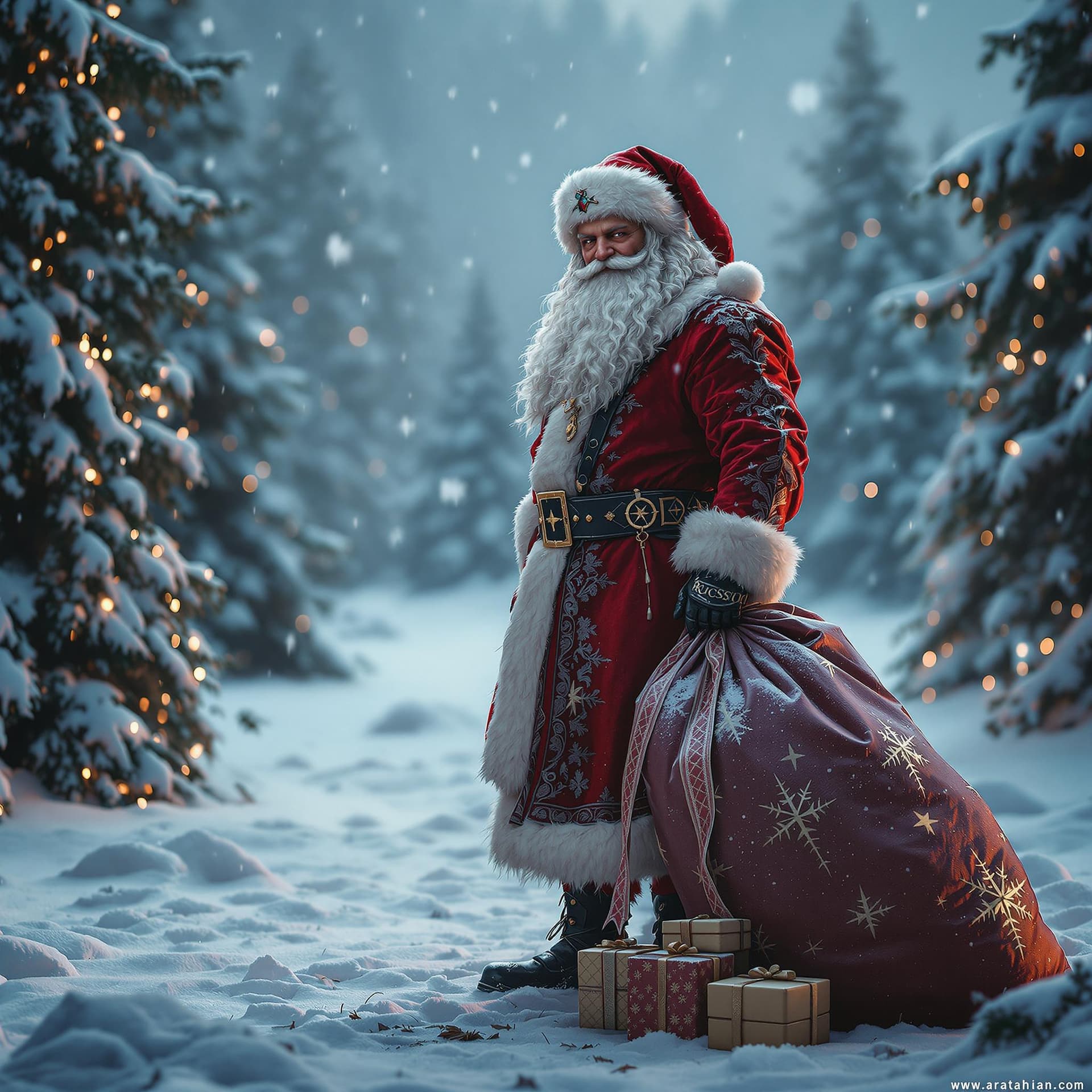 AI generated: A cross between Santa Claus and russian rock musician, Standing and posing with a a large bag of gif...